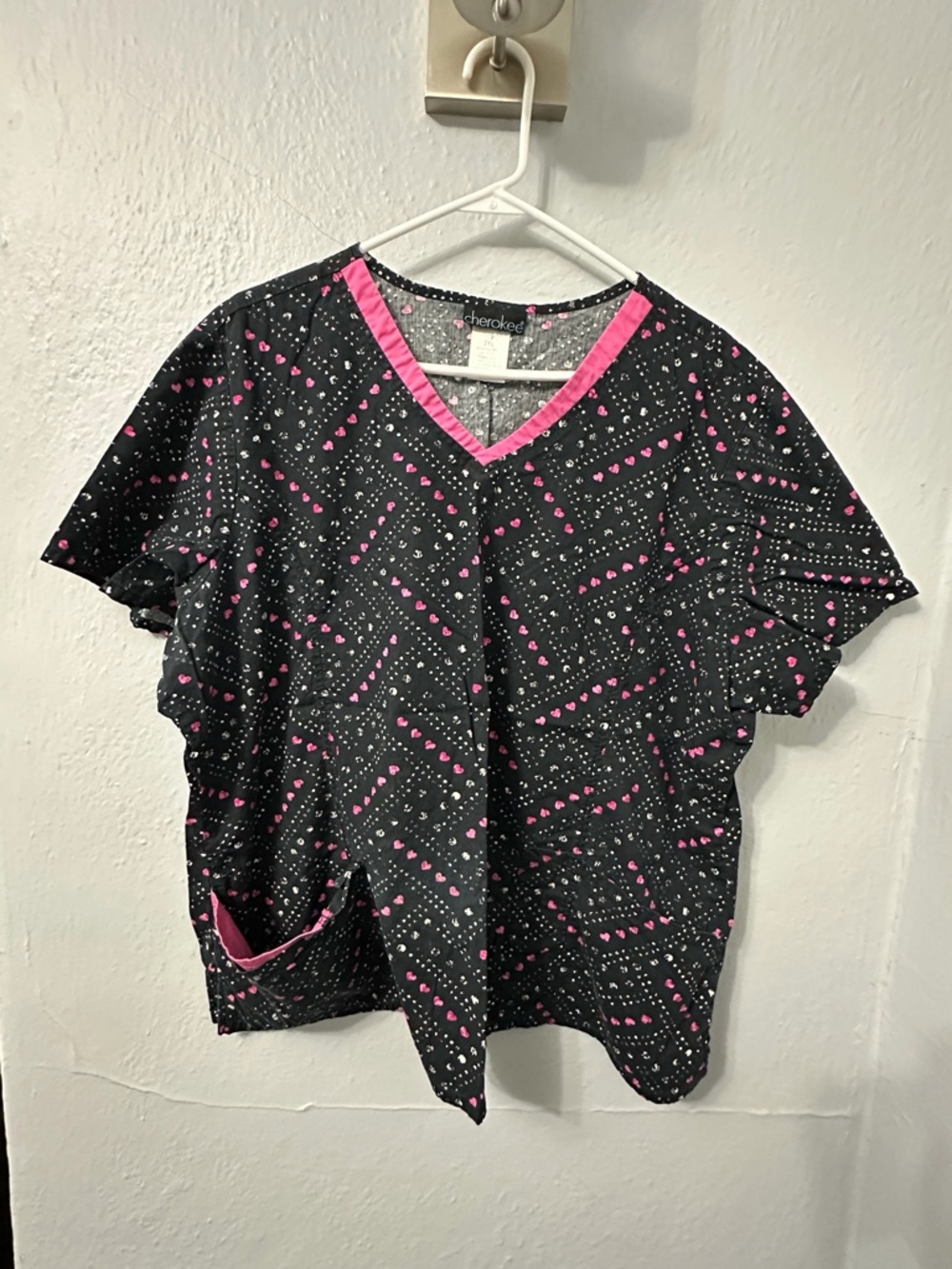 Cherokee Black Scrub Top with Pink Heart Accents